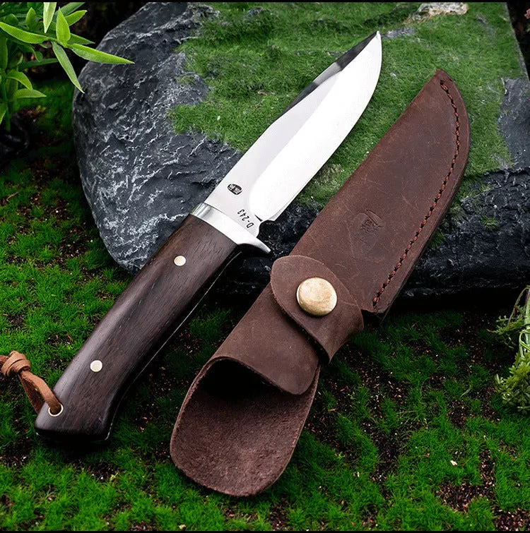 Outdoor survival knife with leather holster and mirror polished blade