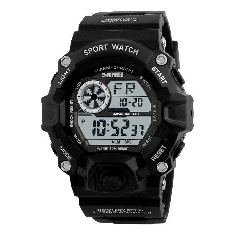 Waterproof electronic watch with round dial, plastic strap, in army green colour, showing alarm and GMT functions.