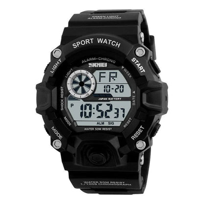 Waterproof electronic watch with round dial, plastic strap, in army green colour, showing alarm and GMT functions.