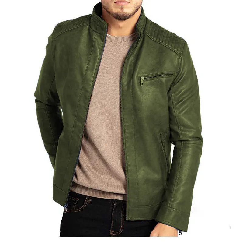Men's brown artificial leather punk motorcycle jacket with a stand collar and straight hem on a hanger.