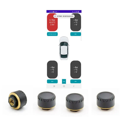 Bluetooth tyre pressure monitoring system with four sensors for car wheels connecting to mobile phone display