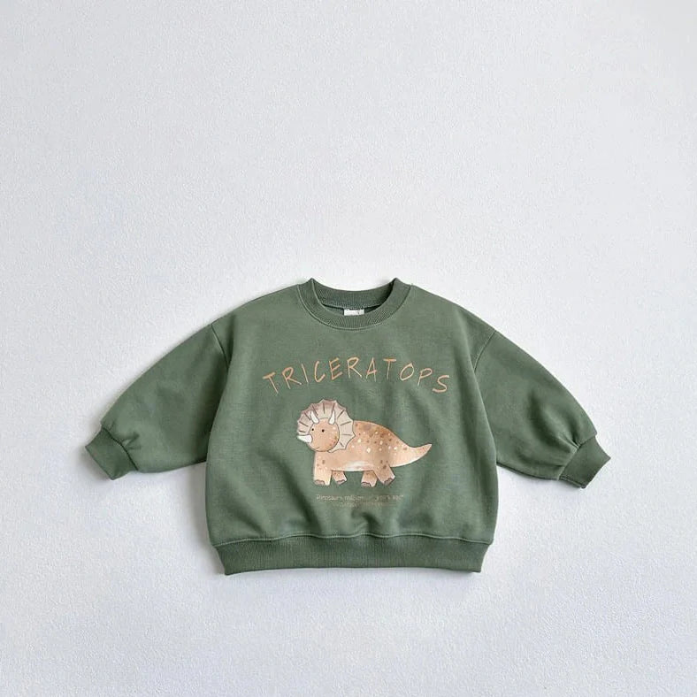 Children's beige sweatshirt with printed cartoon dinosaur design, pullover style without hood