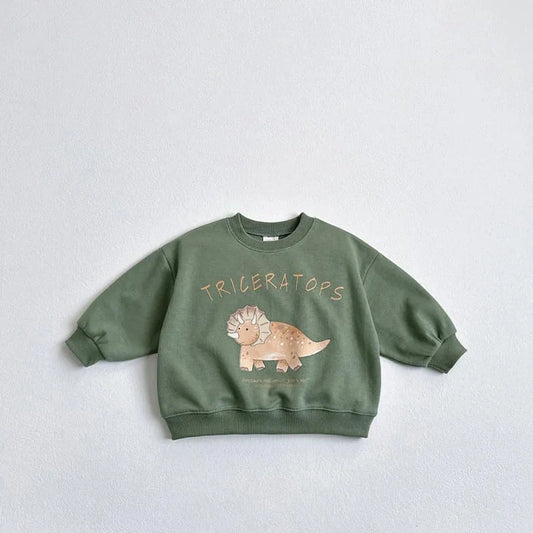 Children's beige sweatshirt with printed cartoon dinosaur design, pullover style without hood