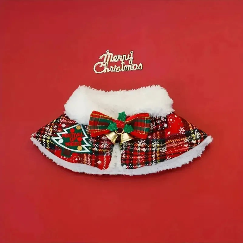 Pet wearing festive scarf with snowflake bell design, red background, adjustable fit for winter warmth