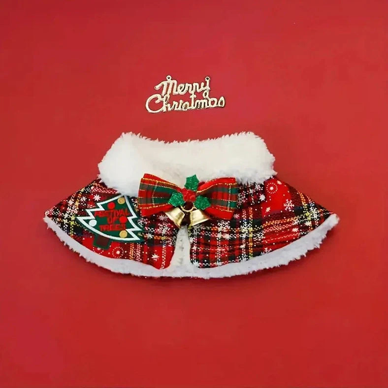 Pet wearing Christmas scarf with snowflake pattern, showing adjustable fit and holiday design details