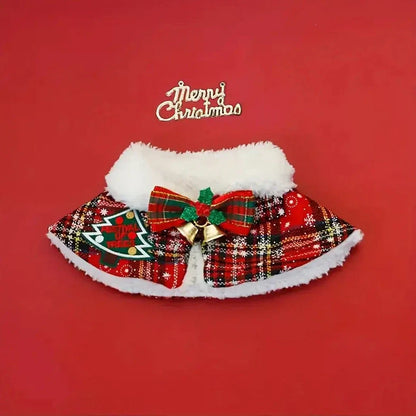 Pet wearing Christmas scarf with snowflake pattern, showing adjustable fit and holiday design details