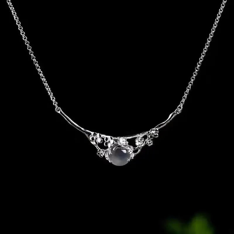 White gold colour copper necklace with moonlight white chalcedony inlay, cross chain, and moon shadow cold plum design