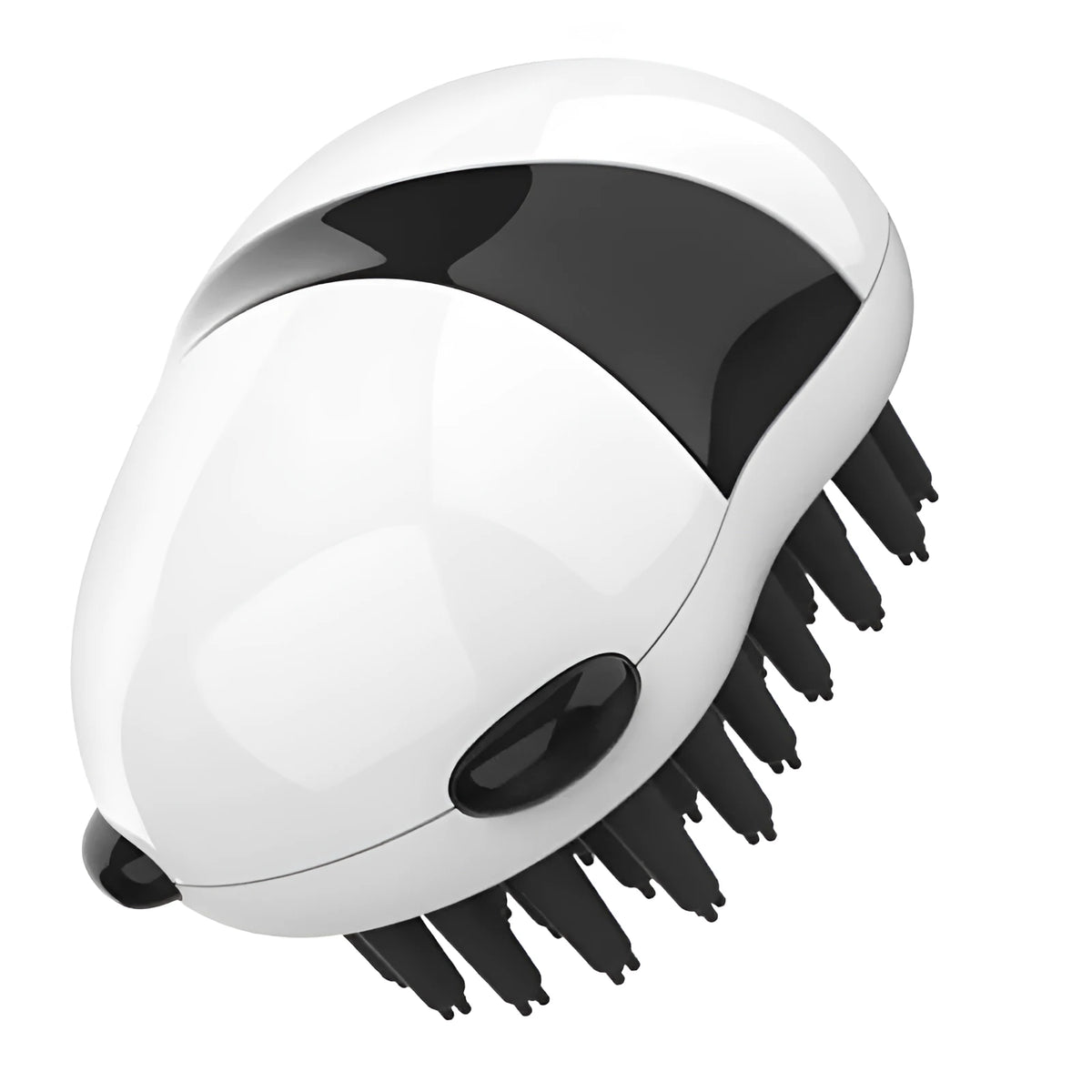 Black and white pet bath brush and grooming comb for cats, dogs, and puppies, plastic hair removal and cleaning tool.