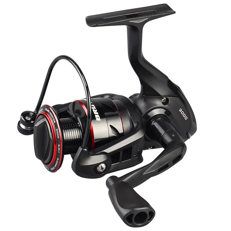 All-metal spinning fishing reel and collapsed telescopic rod combo on a background
