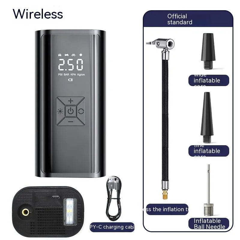 Portable wireless digital display car tyre pump with LED lighting and flexible inflatable tube