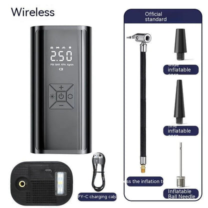 Portable wireless digital display car tyre pump with LED lighting and flexible inflatable tube