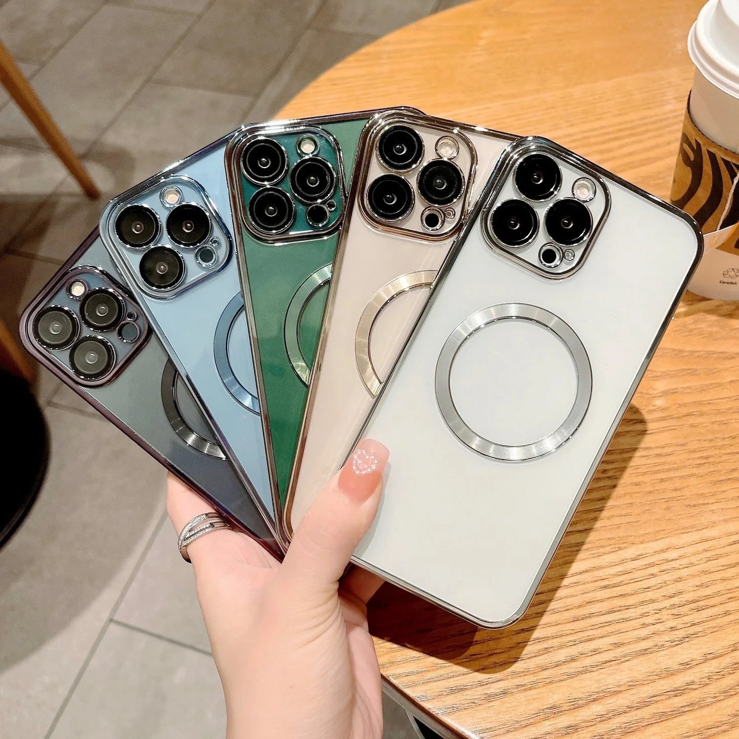 TPU transparent electroplating CD pattern magnetic phone case showing holographic effect on iPhone