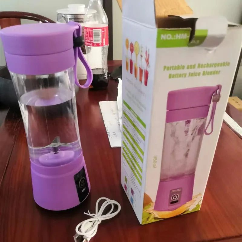 Portable USB rechargeable blender with pink colour option showing cup and six-blade design