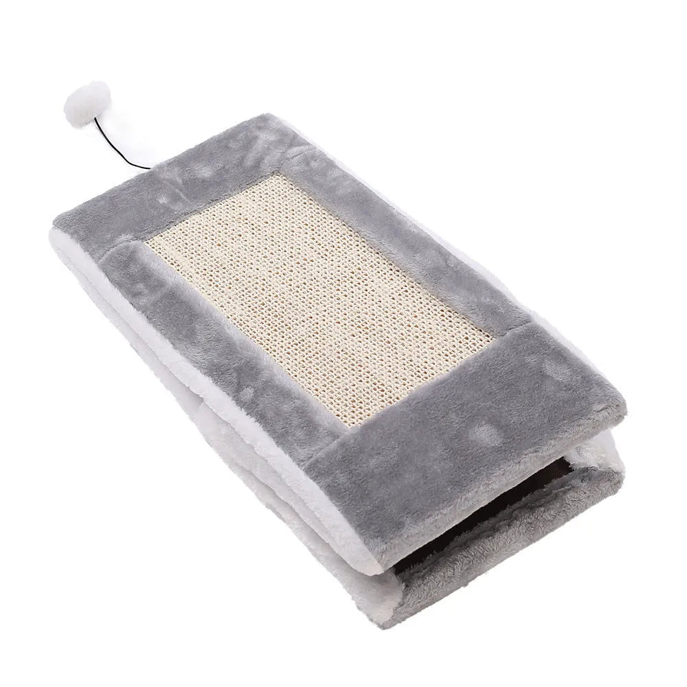 Grey and white triangular cat bed with an integrated sisal rope scratching post.