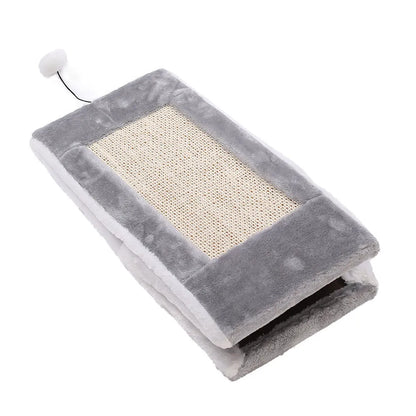 Grey and white triangular cat bed with an integrated sisal rope scratching post.