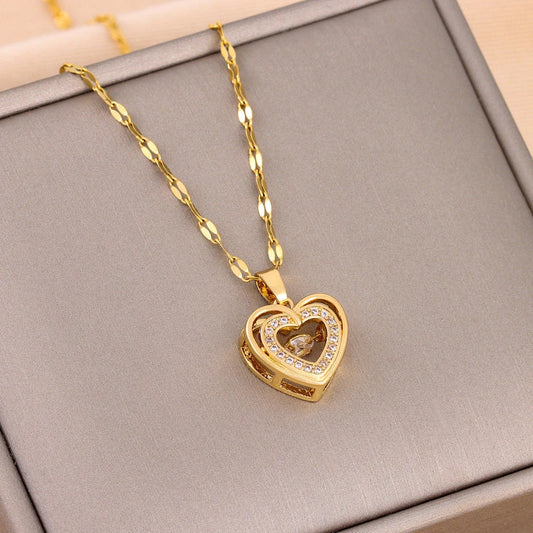 Elegant titanium steel necklace with heart-shaped pendant and rhinestones