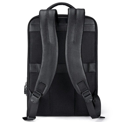 Black genuine leather men's business backpack with curved shoulder straps and sewing line detailing