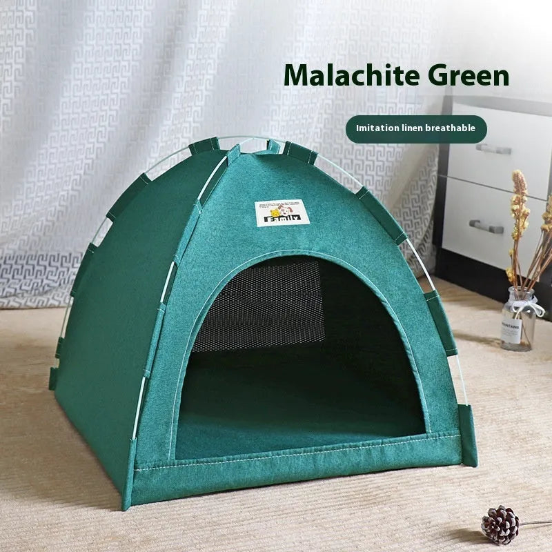 Grey linen-like fabric pet tent for cats and small to medium-sized dogs on a wooden floor.