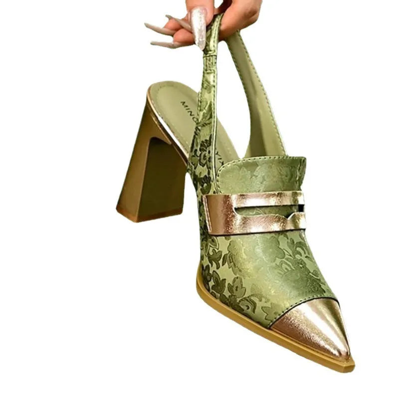Korean style women's printed high heel sandals with a chunky heel and pointed toe in black.