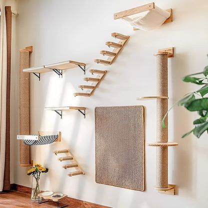 Wooden cat climbing frame with wall-mounted jumping platform and flax grab post in natural wood colour
