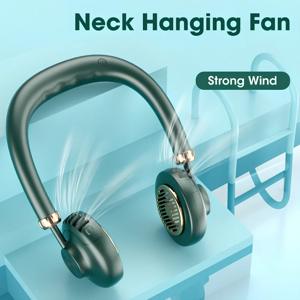 Navy blue hanging neck fan with bladeless design showing dual turbo fans and neck strap