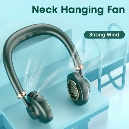 Navy blue hanging neck fan with bladeless design showing dual turbo fans and neck strap