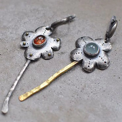 Geometric retro flower earrings with two-tone asymmetrical colour finish on alloy metal