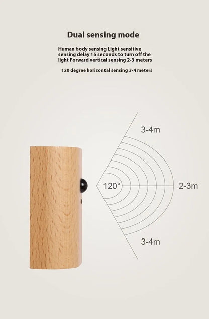 Solid wood pattern human body induction LED light, 73x56x28mm, in Sapele or Beech with warm white output