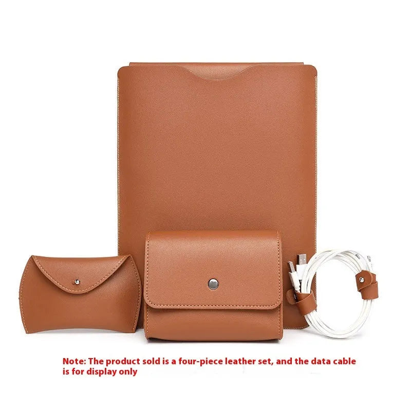 Four-piece set of imitation leather laptop edge protective covers in brown, grey, apricot, and light pink colours