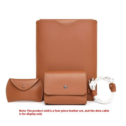 Four-piece set of imitation leather laptop edge protective covers in brown, grey, apricot, and light pink colours