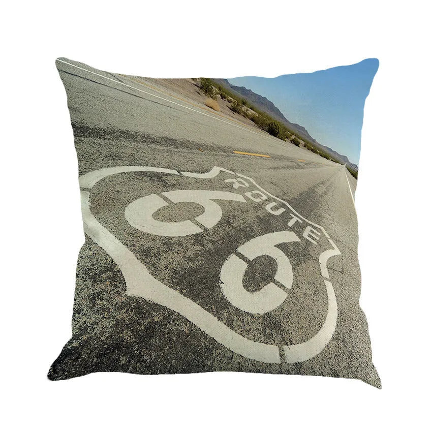 Us Route 66 linen blend cushion cover with European landscape pattern, 45x45cm dimensions, six colour options