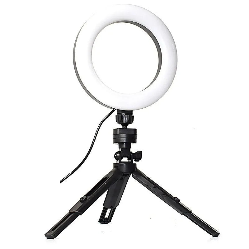 Black desktop mobile phone bracket with adjustable colour fill light and tripod stand for video recording