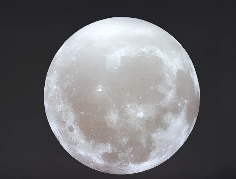 3D printed moon lamp showing lunar crater details with remote control for 16 colour options