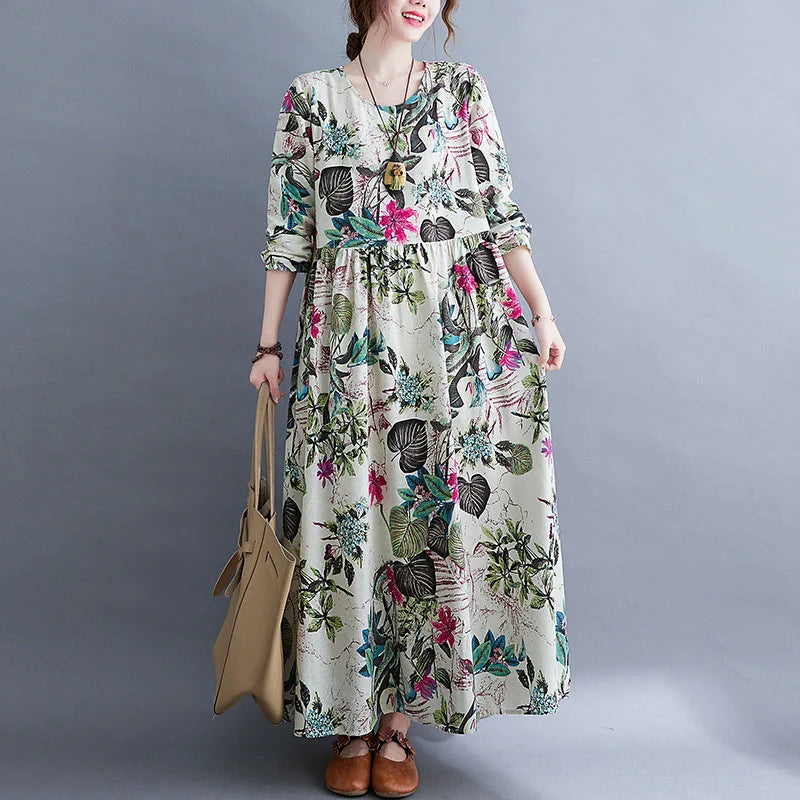 Plus-size printed long sleeve dress in cotton blend fabric with A-line silhouette and vibrant colors