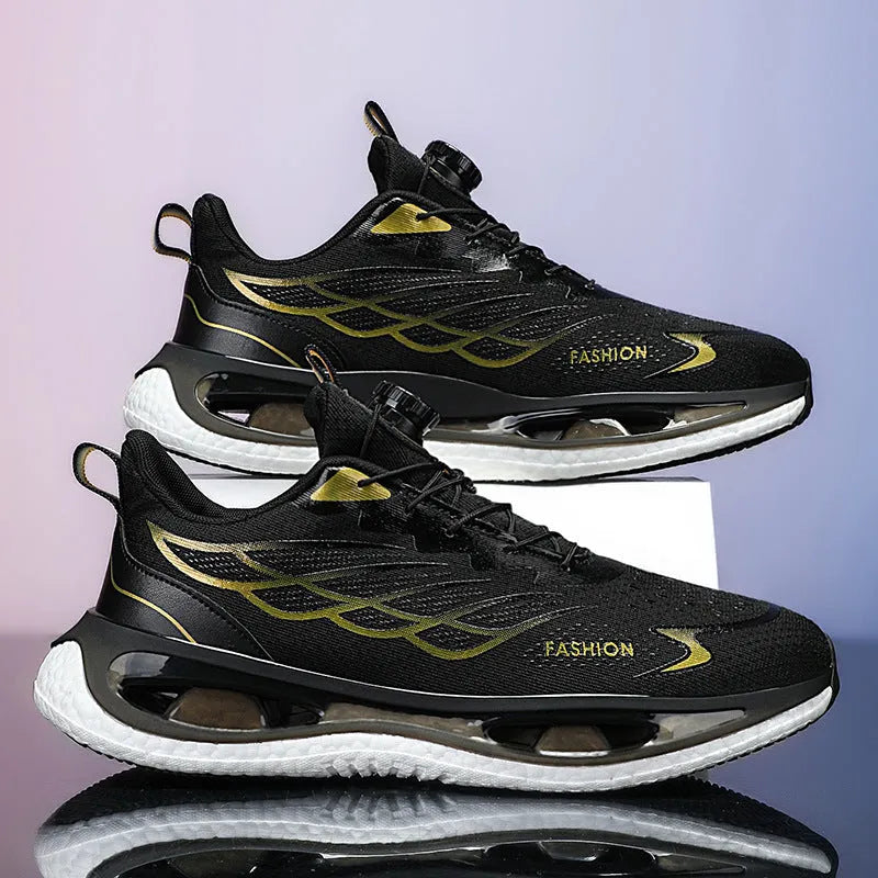 Men's low-top button sneaker with rotating sole in black mesh or leather options on a plain background.