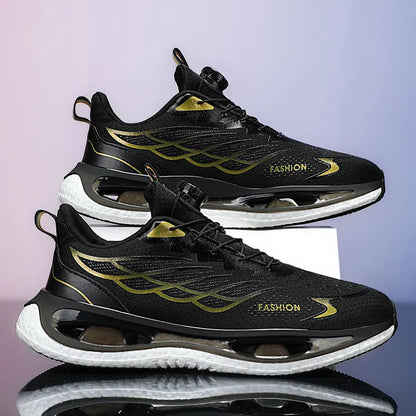 Men's low-top button sneaker with rotating sole in black mesh or leather options on a plain background.