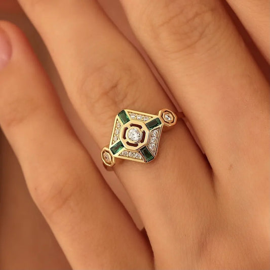 Geometric women's ring with electroplated lvzuan colour in ins style design