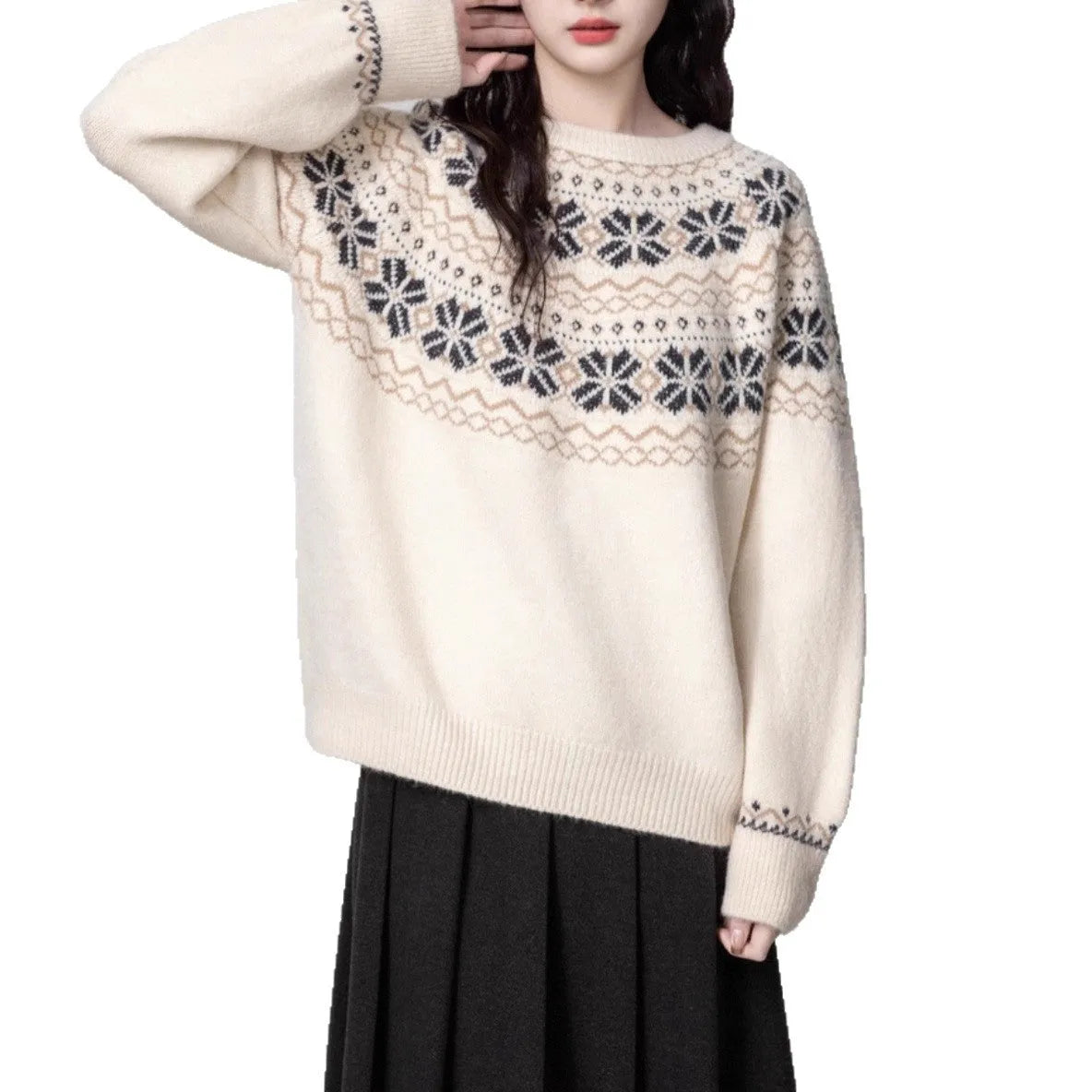 Women's vintage Fair Isle crew neck pullover sweater with geometric pattern in Milky White