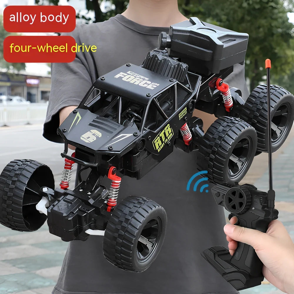 Children's remote control car with six wheels and 38cm climbing capability in black, gold, or red colours