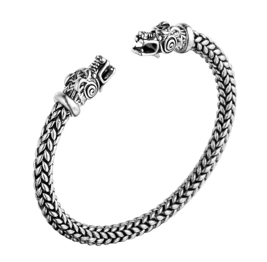 Asgard Crafted Small Handcrafted Stainless Steel Grey Wolf Head Torc Bracelet in silver
