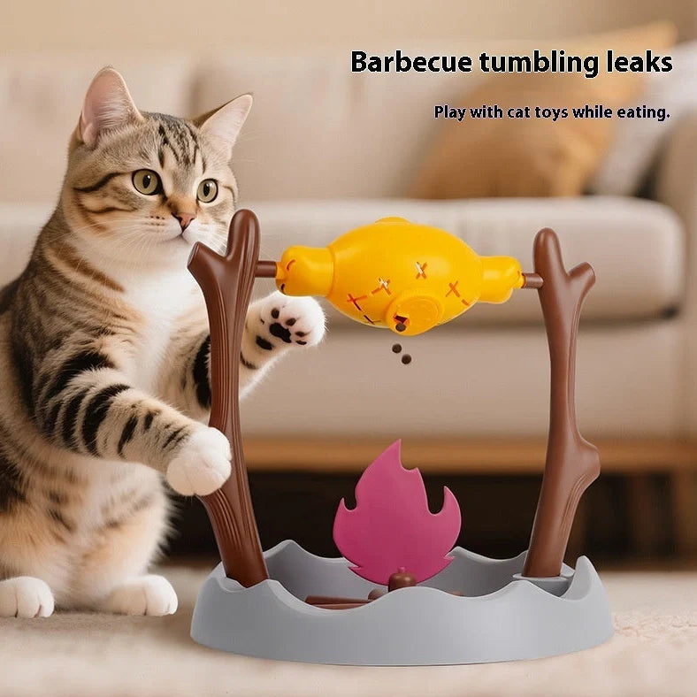 30x30x29cm cat toy with barbecue tumbling design and leakage food feeder mechanism made from ABS, PP and TPR materials