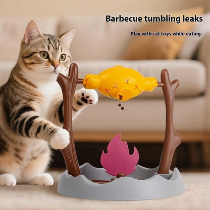 30x30x29cm cat toy with barbecue tumbling design and leakage food feeder mechanism made from ABS, PP and TPR materials