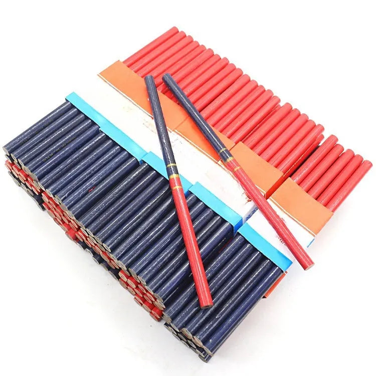 Ten red and blue two-colour wooden carpenter's pencils showing round design for marking applications
