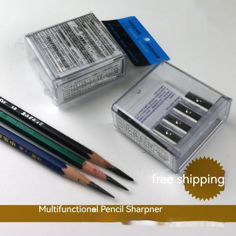 Four-hole pencil sharpener with geometric plastic design, four blades, and integrated screwdriver tool