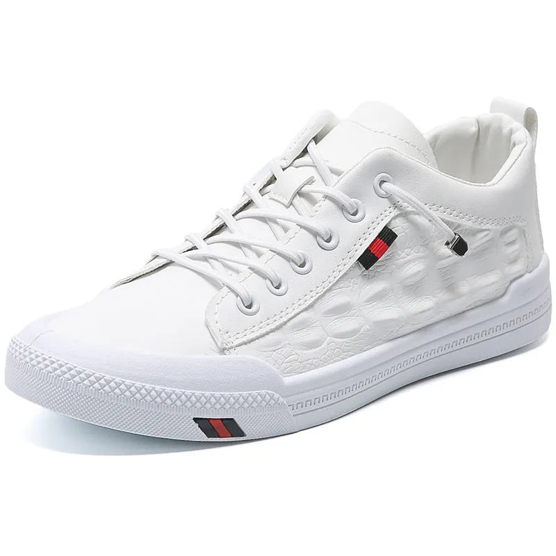 Men's white round-toe lace-up casual sneakers with a PU leather upper and rubber sole.
