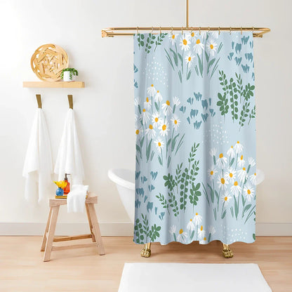 Green plant print shower curtain with waterproof polyester material in bathroom setting
