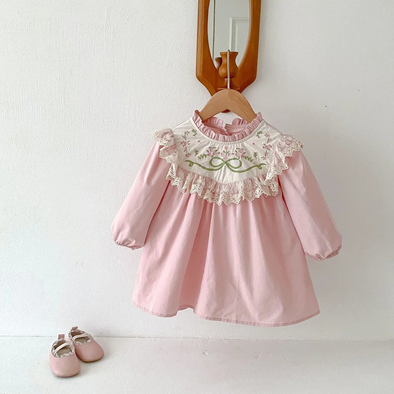Pink cotton girls dress with lace stand collar and flower embroidery, long sleeves, princess silhouette