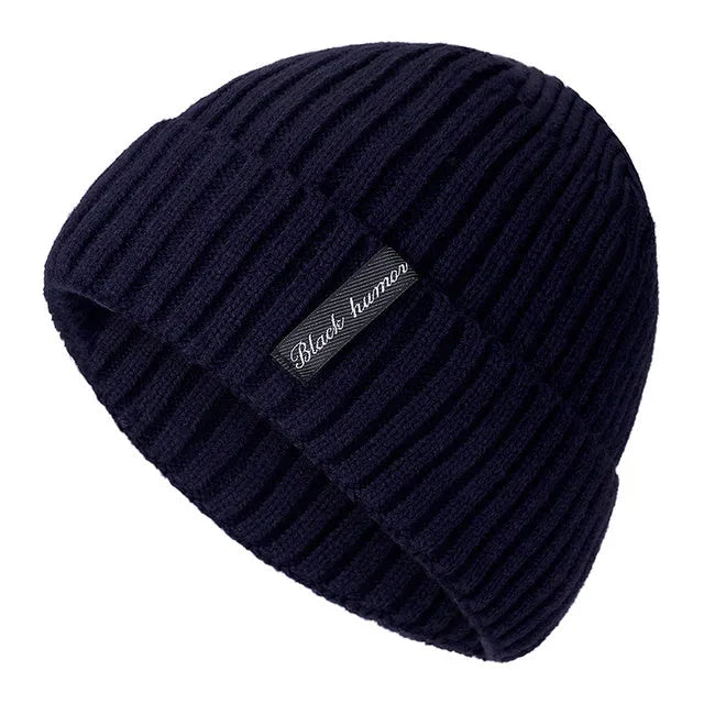 Unisex winter knit letters cap in cotton and coral wool, adult size, shown in black, coffee, dark blue, grey, khaki, and red