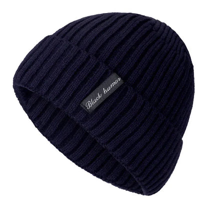 Unisex winter knit letters cap in cotton and coral wool, adult size, shown in black, coffee, dark blue, grey, khaki, and red