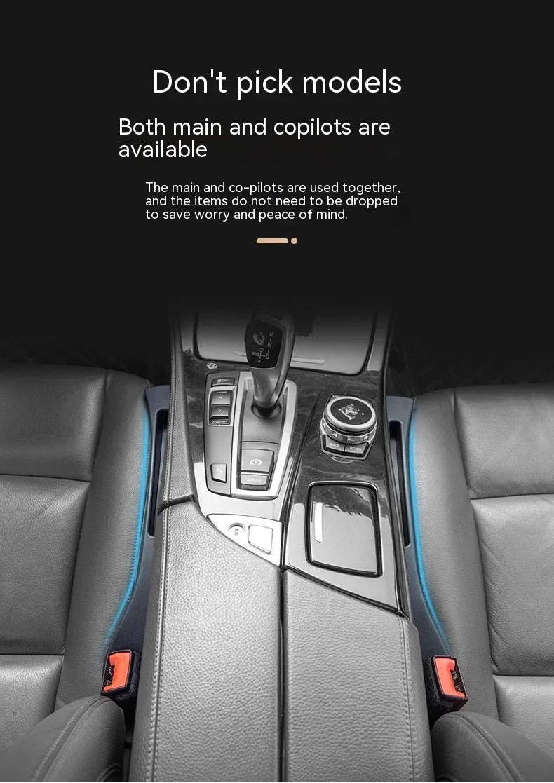 Black car seat gap storage box organiser pocket placed between vehicle seat and centre console